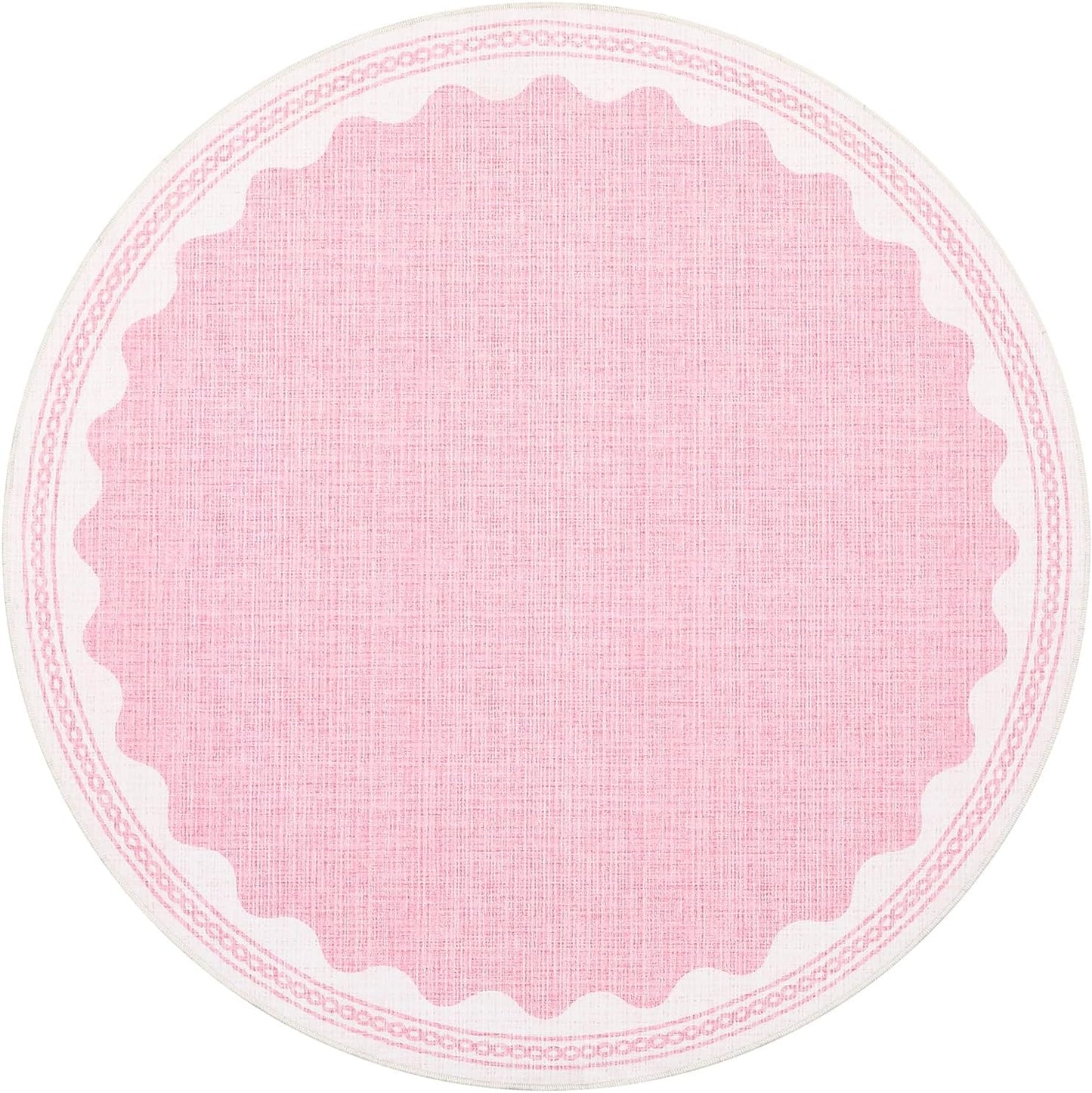 Scalloped Round Rug 4ft, Small Area Rugs Solid Pink Rug for Bedroom Girls, Washable Rugs for Living Room, Non Slip Scalloped Round Bath Mat, Soft Dorm Nursery Carpet for Bedside