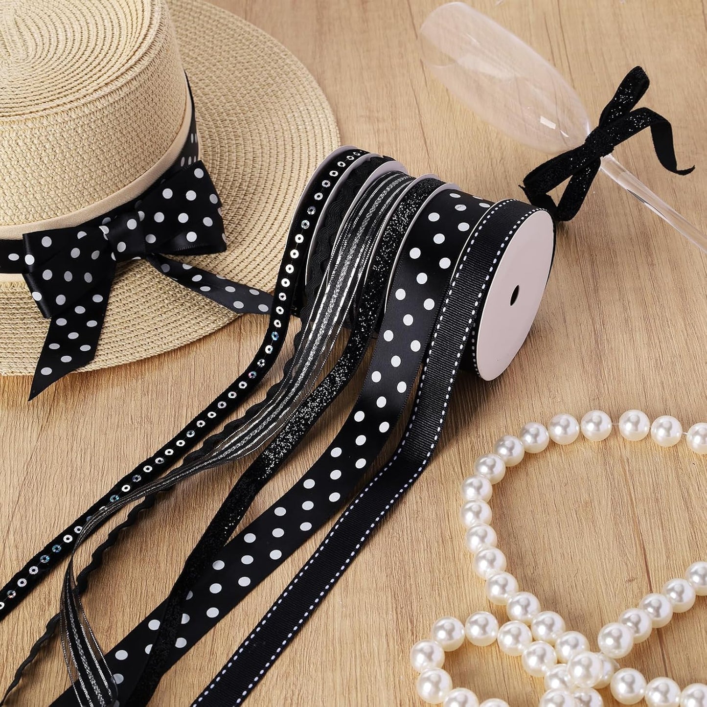 LaRibbons Black Ribbons for Crafts 6 Rolls Assorted Black Ribbons with Polka Dots, Glitter and Sequins for Gift Wrapping, DIY Crafts, Hair Bows, Sewing and Party Decorations, 30 Yards