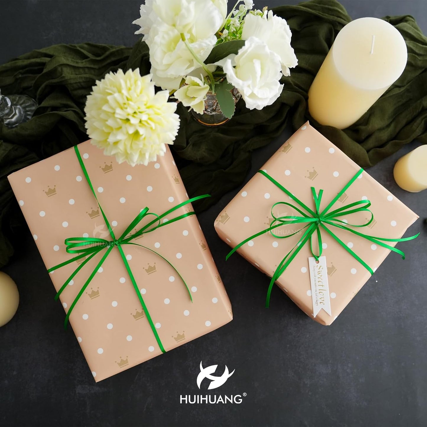 HUIHUANG Thin Green Satin Ribbon - 1/8 inch x 100 Yards Roll for Crafts, Gift Tags, Party Decoration Cards (Emerald)