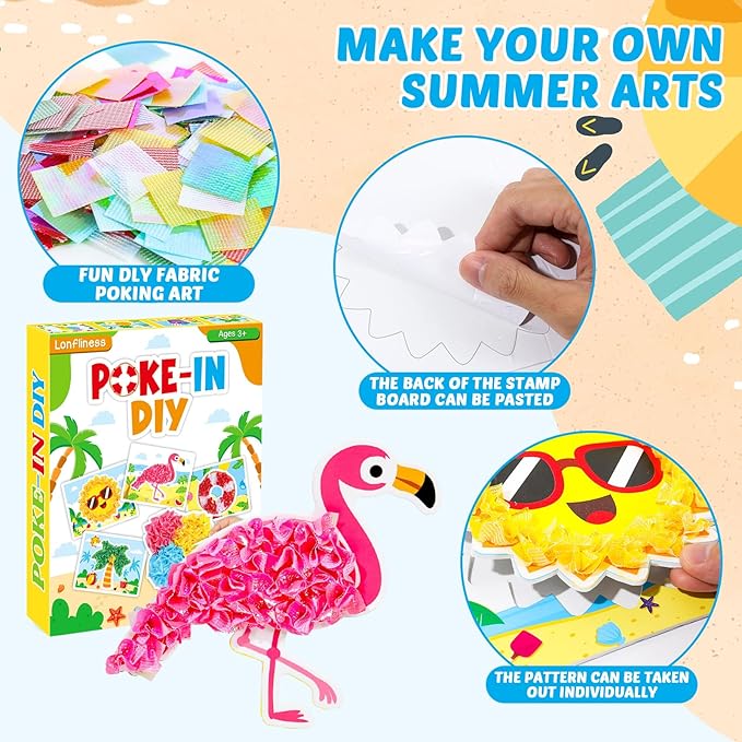 8PCS Poke-in Craft and Art Kit Summer Theme No-Mess Fabric Sewing Art Puzzle Puncture Painting DIY Beach Hawaiian Toy Gift for Creative Activity Game Birthday Party