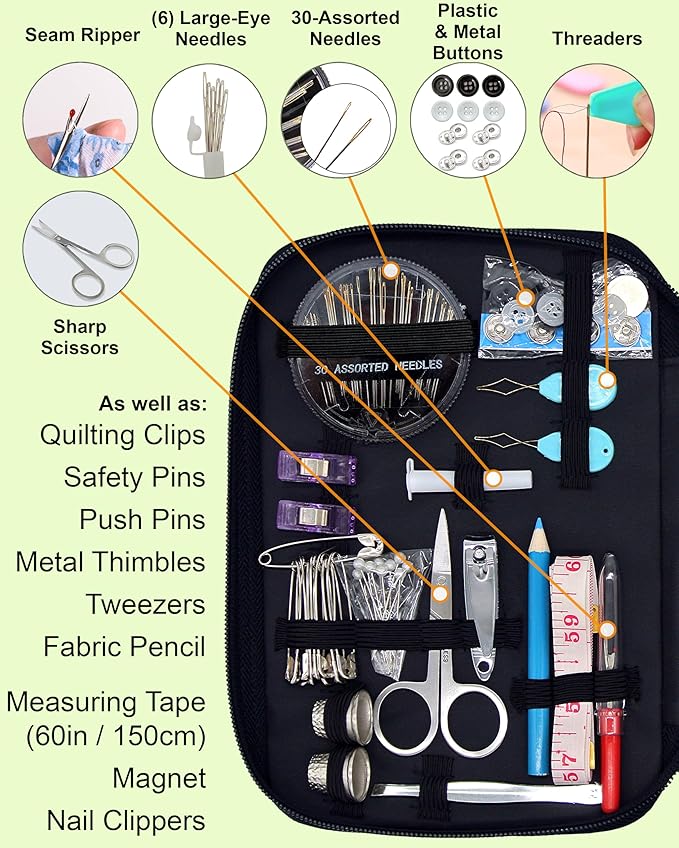 Easy to Use Sewing Kit for Adults and Kids - Needle and Thread Kit with Sewing Supplies and Accessories for Fixing Buttons & Small Repairs, Basic Travel Mending Set for Beginners, Navy Blue