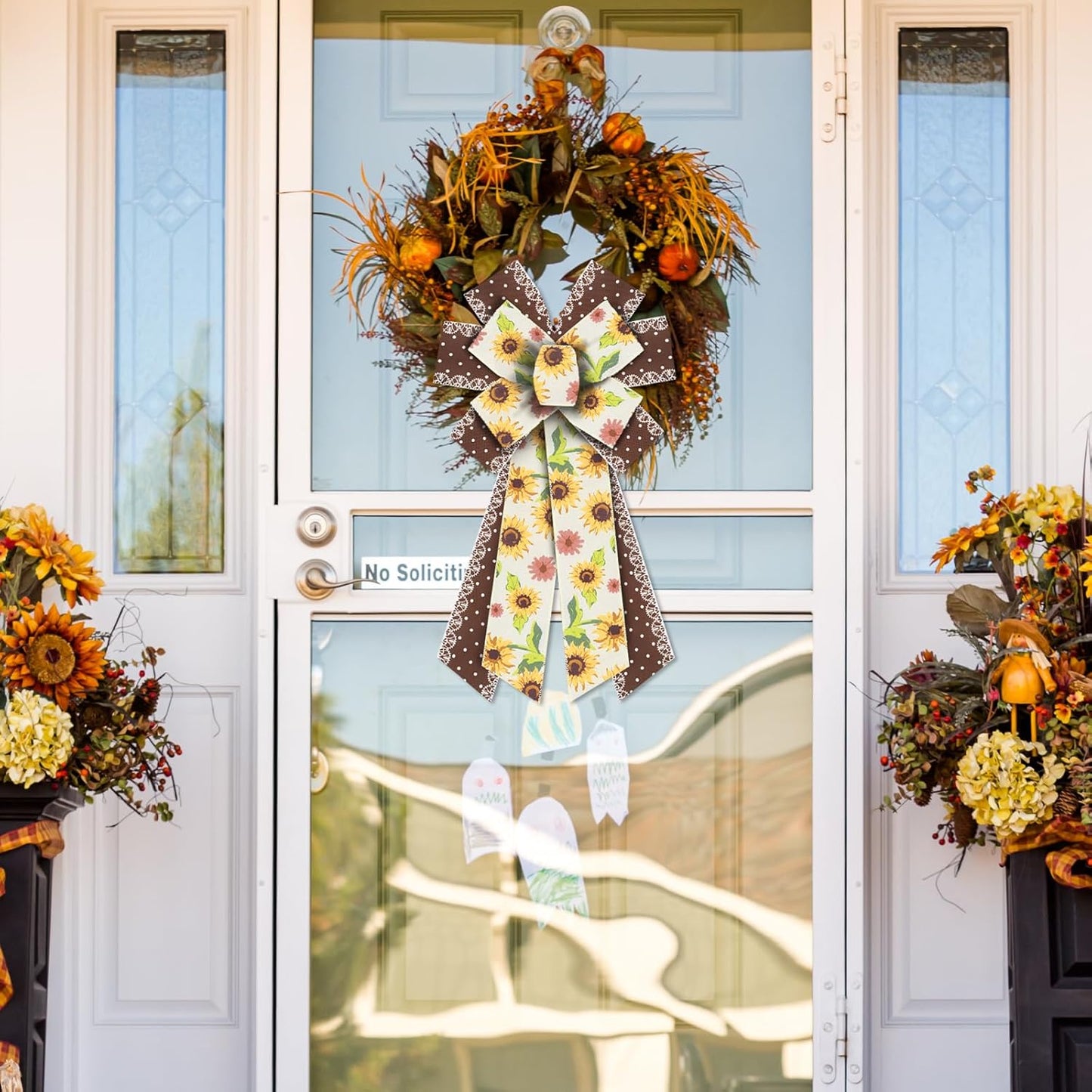 2 Rolls Fall Flowers Craft Ribbons for Wreath Bows, 2.5"×10 Yards Wired Edge Ribbon Rustic Flowers Lace Burlap Ribbons for Crafting Sewing Supplies