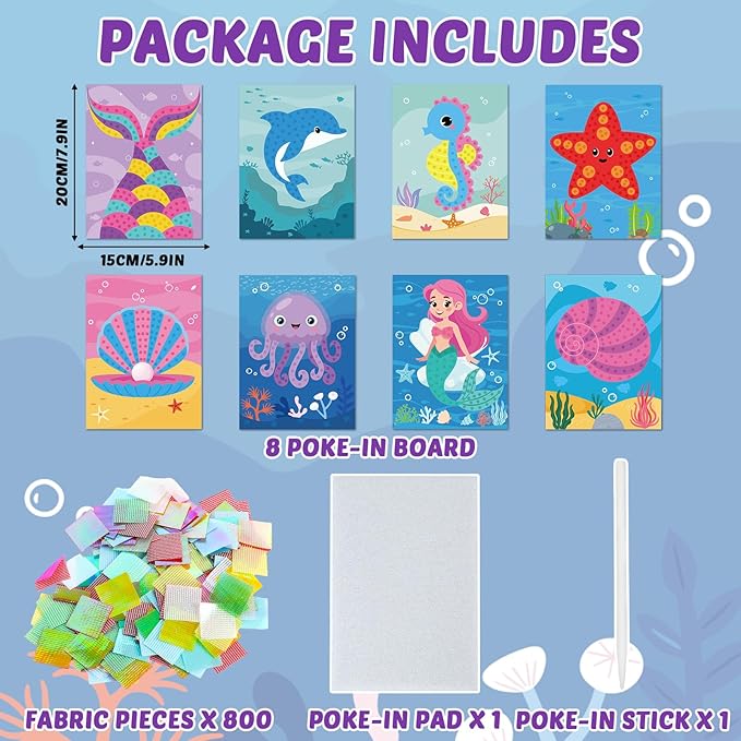 8PCS Poke-in Craft and Art Kit Mermaid Theme No-Mess Fabric Sewing Art Puzzle Puncture Painting DIY Ocean Sea Animals Toy Gifts for Activity Game Birthday Party