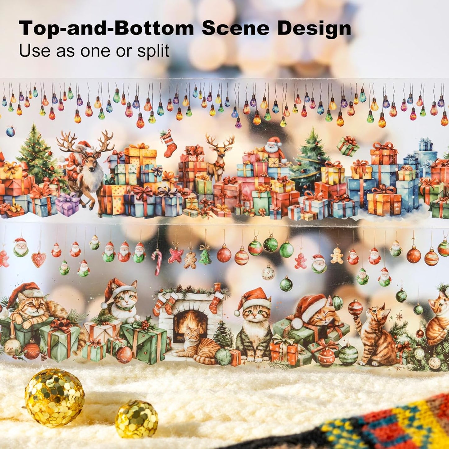 Christmas PET Tape Set - Seamless Loop Design with Snowy Villages, Festive Cats and Holiday Scenes, Includes Decorative Clip, Self-Adhesive Rolls for Scrapbook, Journal and DIY Decor