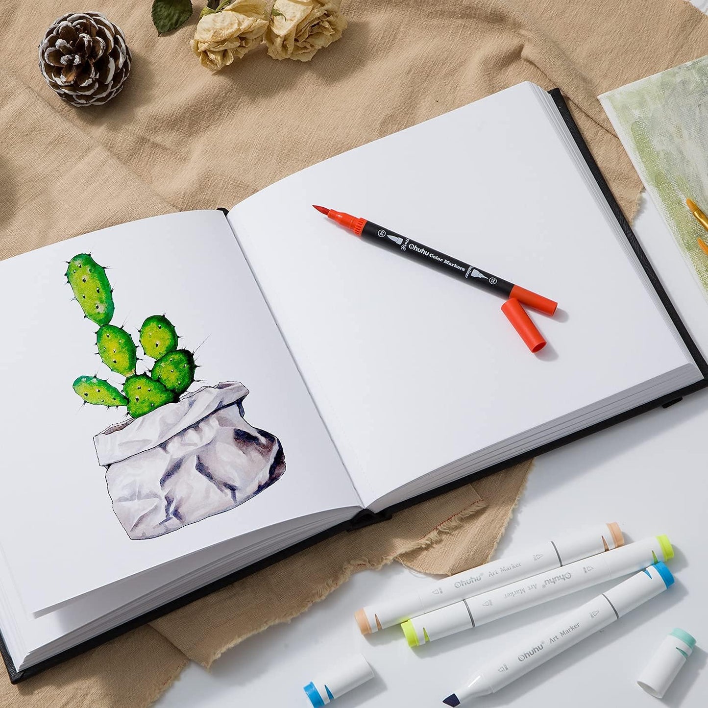 Ohuhu Mix Media Pad - 8.3"x8.3" Mixed Media Art Sketchbook, 120 lb/200 GSM Heavyweight Papers, 78 Sheets/156 Pages, PU Hardcover Mixed Media Paper Pad for Acrylic Painting Christmas Gift