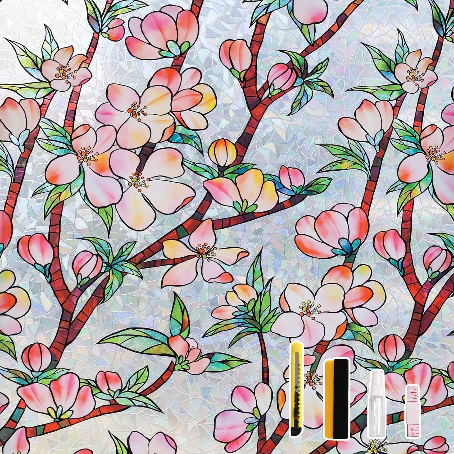 NINETREX Window Privacy Film,3D Stained Glass Window Film,Rainbow Static Cling Stickers Blocks Heat & UV,Non-Adhesive Vinyl for Home Door (Peach Blossom,17.5 x 157.4inch)