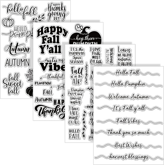 Whaline 4 Sheet Fall Thanksgiving Words Clear Stamps Greeting Words Pumpkin Maple Leaves Silicone Transparent Stamps Happy Fall Stamp Cards for DIY Craft Card Making Scrapbooking Embossing Album Decor