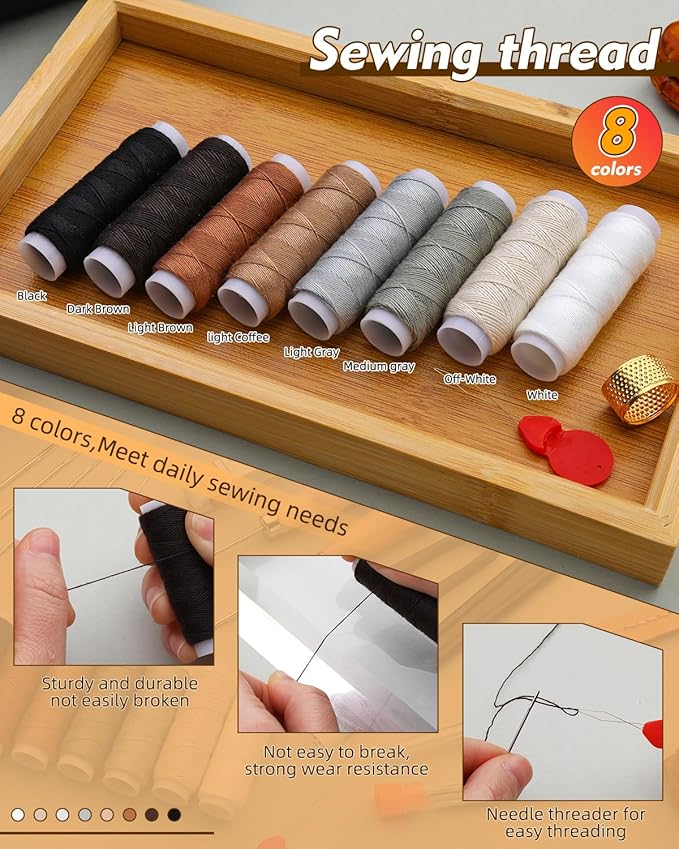 BAGERLA Upholstery Repair Kit, 50 Pcs Heavy Duty Sewing Kit with 8 Colors Thread 32 Pcs Upholstery Needles, Sewing Awls for Hand Stitching Car Sofa Shoe Backpack Craft DIY