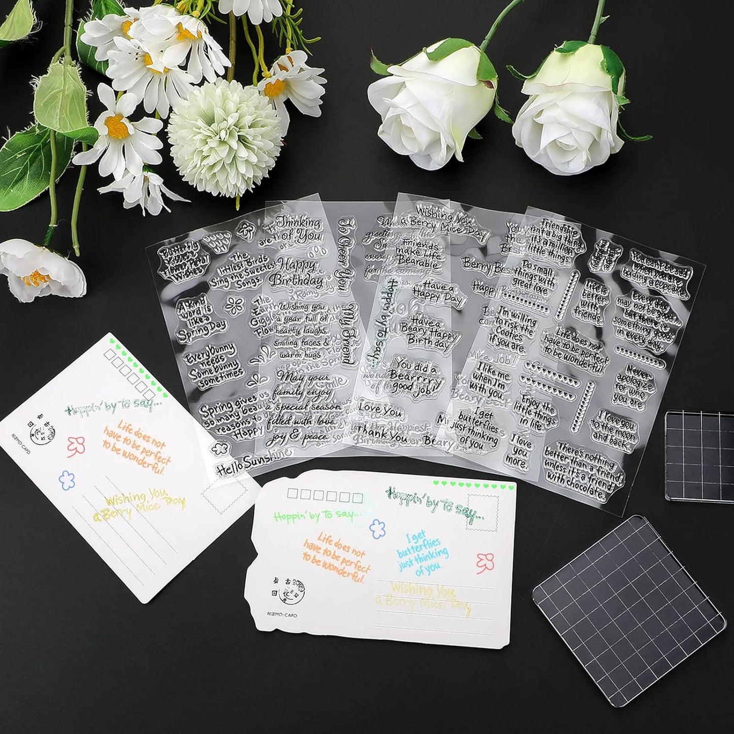 4 Sheets Sentiments Rubber Clear Stamps Set for Card Making and DIY Scrapbooking Journaling 2 Acrylic Stamp Blocks with Grid Lines for Birthday Wedding Wife Husband Anniversary Special Occasion Cards