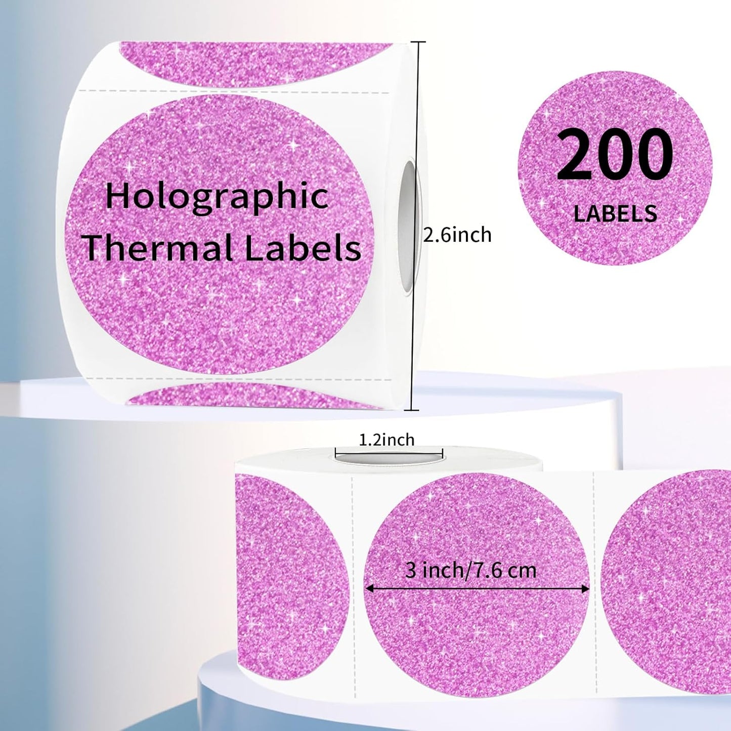 3" Holographic Thermal Label Stickers, Round Direct Thermal Label Stickers, Glitter Thermal Printer Sticker Labels for Gift Wrapping, Self-Adhesive Custom Logo Design- Glitter Pink