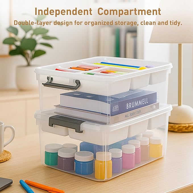 Citylife 17 QT Plastic Storage Box with Removable Tray Craft Organizers and Storage Clear Storage Container for Organizing Bead, Tool, Sewing, Playdoh, 2 Packs