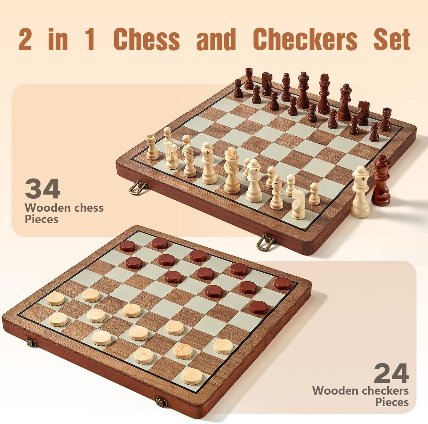 MerryPony 2 in 1 Magnetic Wooden Chess and Checkers Set, 15" Foldable Chess set for Adults & Kids, Chess Board with 2 Extra Queens, Travel Chess Set with Pieces Storage Slots, Ideal Chess for Beginner