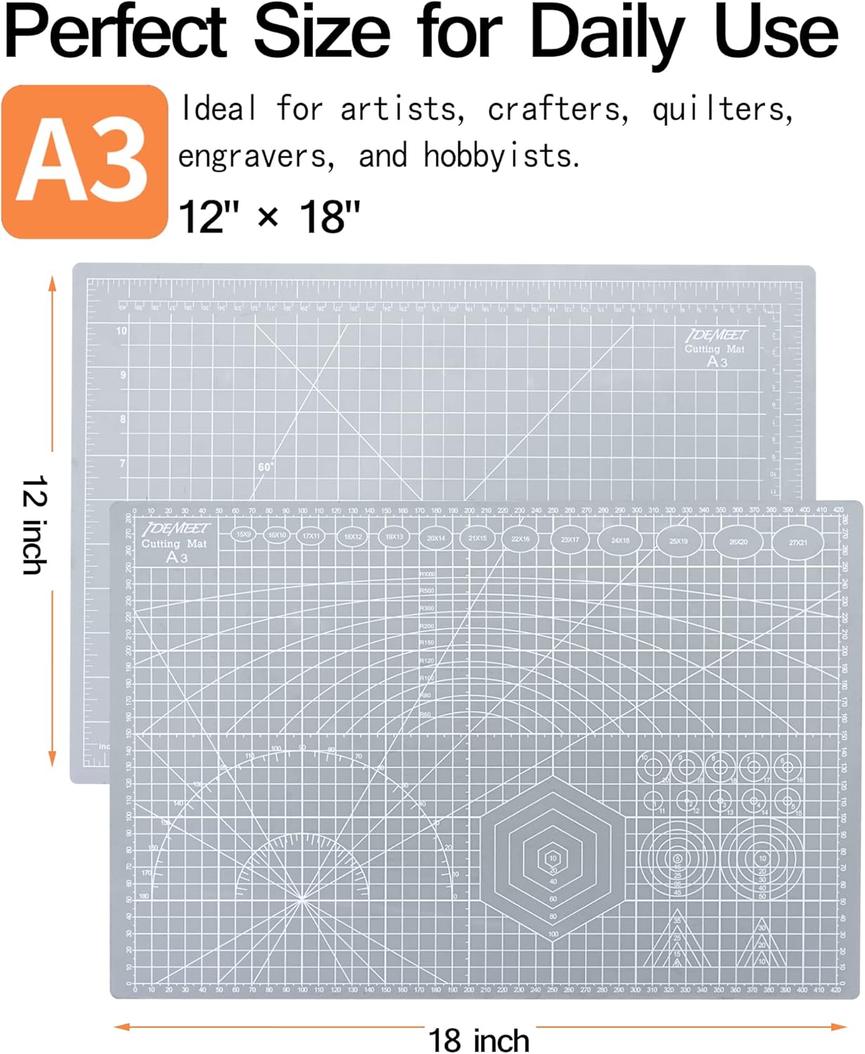 Density-upgraded 18"x12" Self Healing Cutting Mat, Idemeet Rotary Sewing Mat for Crafts, 5-Ply Blade Table Protector Cut Board for Fabric Leather Cutting Quilting Modeling Hobby Project, A3, Gray
