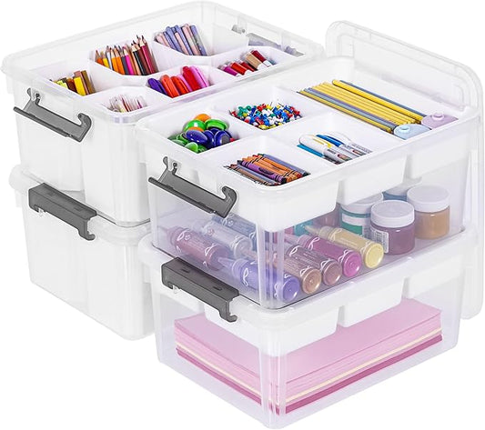 Citylife 17 QT Plastic Storage Box with Removable Tray and 6 Detachable Tall Inserts Craft Organizers and Storage Clear Storage Container for Organizing Crayon, Craft, Sewing, Playdoh, 4 Packs