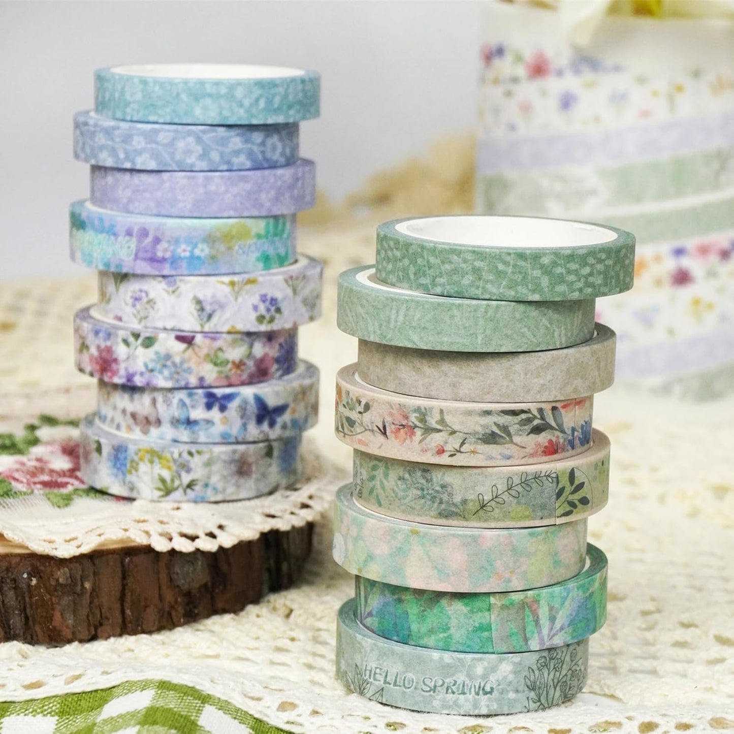 YUBX Spring Washi Tape Set 16 Rolls Flowers Printed Embellishment Green Decorative Masking Tapes for Arts, DIY Crafts, Journals, Planners, Scrapbook, Wrapping