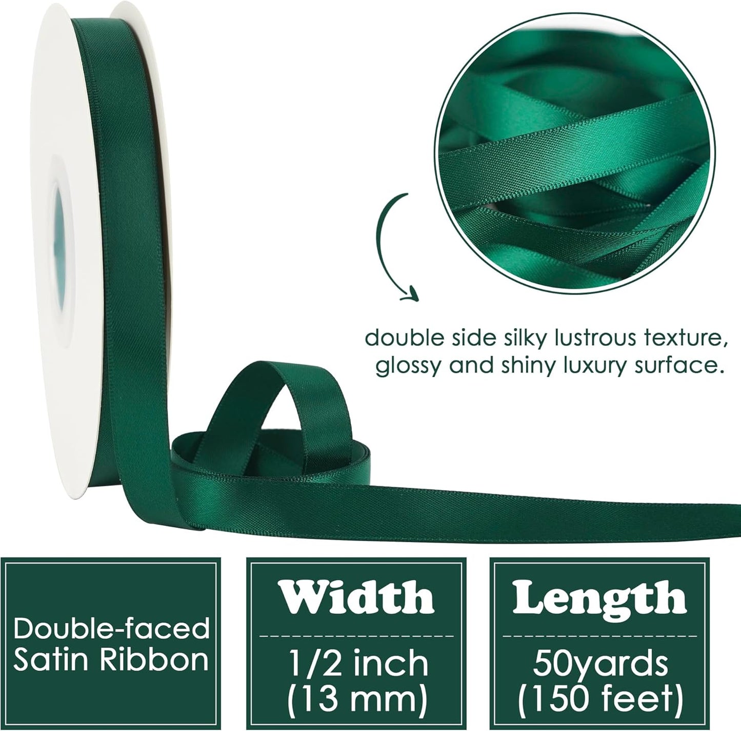 HUIHUANG Hunter Green Satin Ribbon 1/2 inch X 50 Yards Continuous, Dark Green Double-Faced Satin Ribbon for Gift Wrapping, Bows, DIY Crafts, Flower Bouquet, Wedding Decor, Christmas