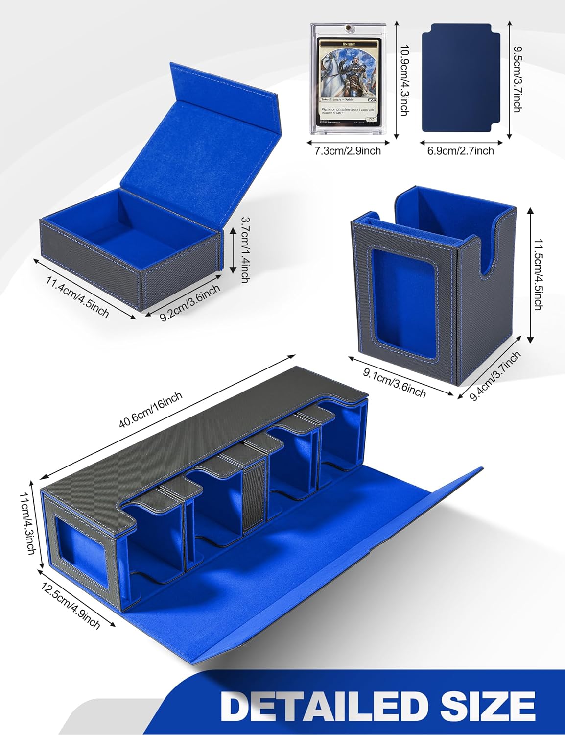 Card Deck Box for MTG with Commander Display, 5 in 1 Card Deck Case Holds 800+ Unsleeved Cards, Strong Magnet Organizer Compatible with Yugioh TCG Sports Cards (Black&Blue)