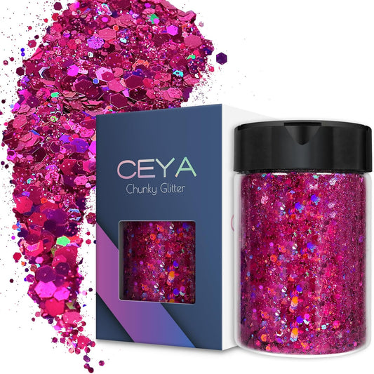 Ceya Holographic Chunky Glitter, 4.9oz/ 140g Fuchsia Craft Glitter Powder Mixed Chunky & Fine Flakes Iridescent Nail Sequins for Nail Art, Hair, Epoxy Resin, Tumblers, Slime, Painting, Festival Decor