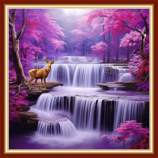 Joyhoor Stamped Cross Stitch Kits for Beginners, Needlepoint Kits for Adults, 11CT Counted Embroidery Kits-Enchanting Waterfall 18x18 inchs