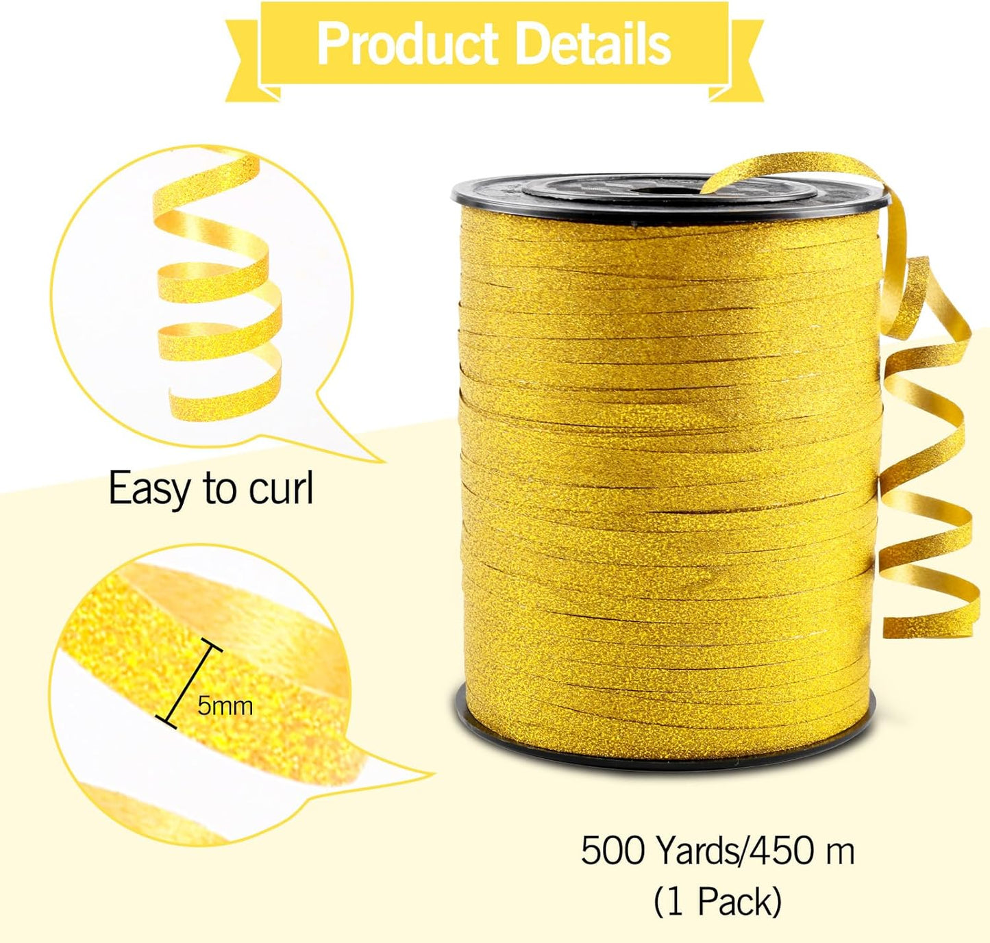 Gold Glitter Curling Ribbon, 500 Yard Curly Ribbon for Gift Wrapping, Curling Balloon String Roll Ribbons for Balloons, Gifts Ribbons for Valentine's Day Wedding Christmas Birthday Party Decorations
