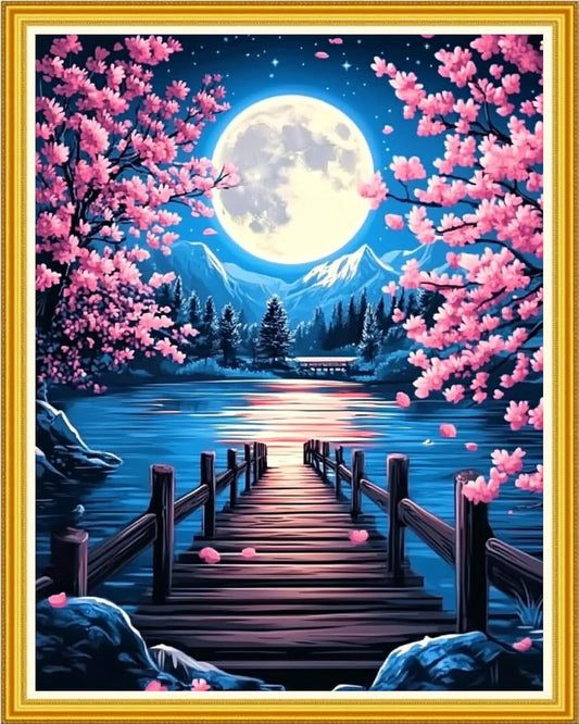 Hopeart Stamped Cross Stitch Kits for Beginner Embroidery Kits for Beginners Adults DIY 11CT Cross Stitch Patterns Needlepoint Kits Crossstitching Kits-Moonlit Peach Blossoms 16x20 inch