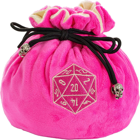 DND Dice Bags Large with Pockets Pink Storage Bag with D20 Logo for RPG Game Dices - Capacity 200+ Dice