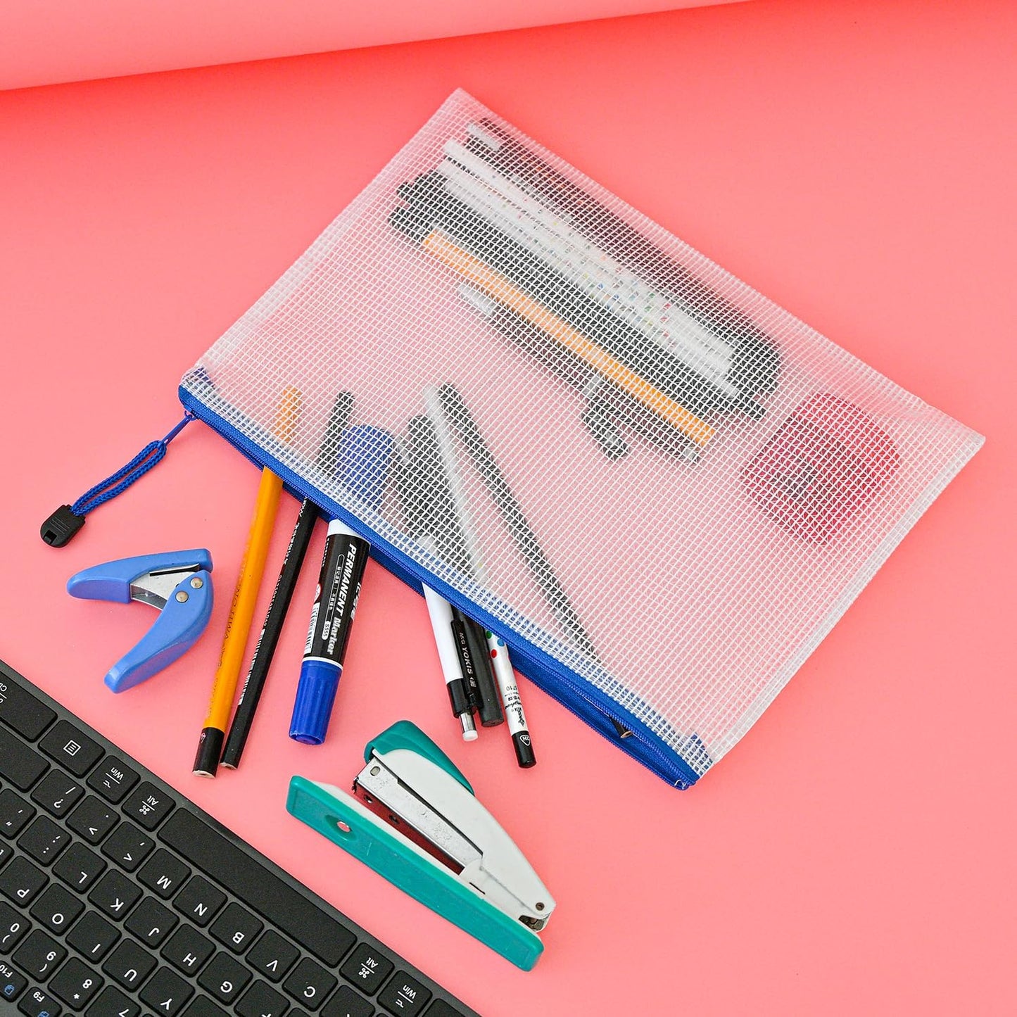 AUSTARK 20 Pcs Zipper File Bags, Plastic Mesh Pouch, Board Game Storage Bag, Waterproof Bags for Office School (B5 Size 11.4''x8.2'', White and Blue)