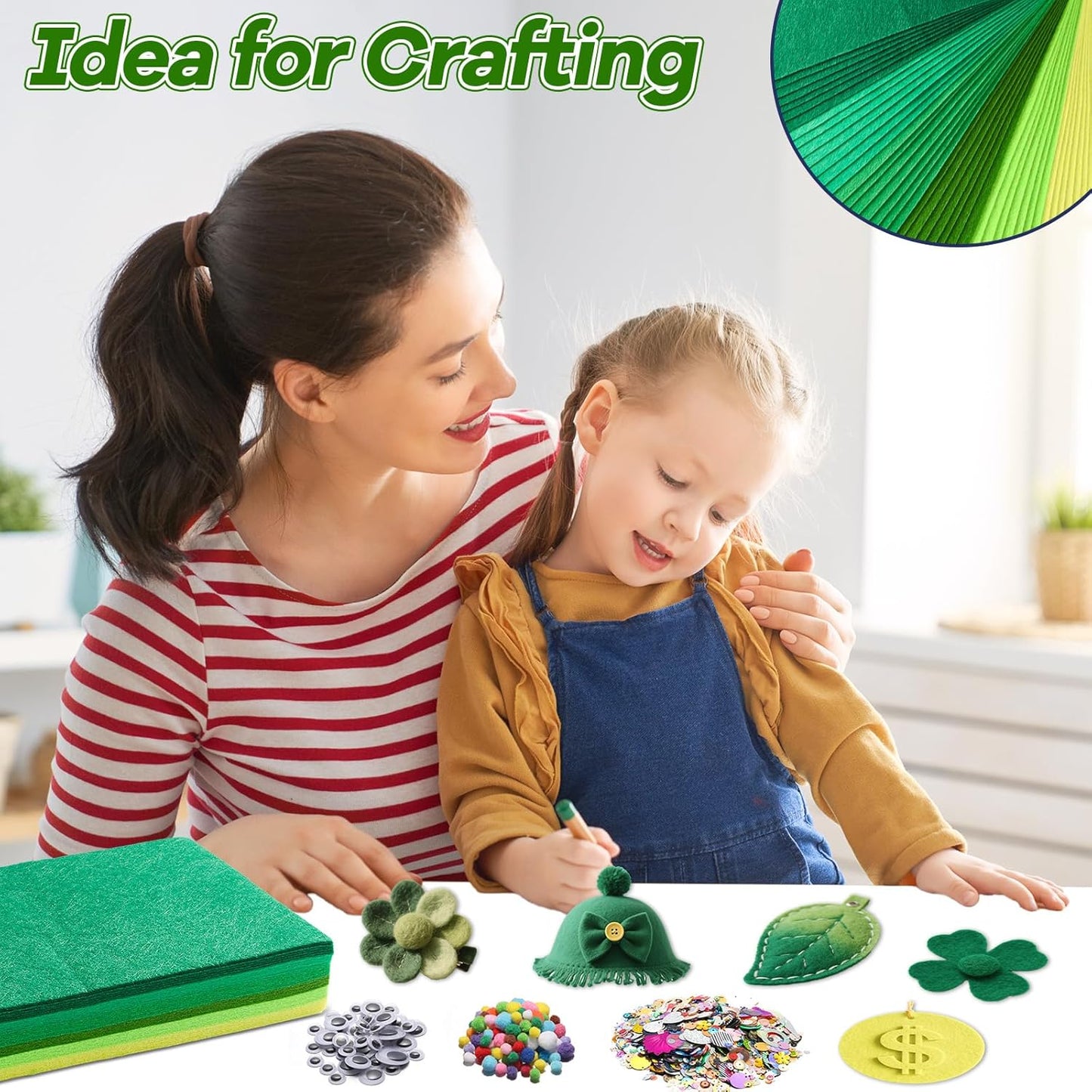 gisgfim 42Pcs Green Felt Fabric Sheets Craft 8 x 12 Inch Assorted Soft Green Gradient Felt Pack with Wiggle Google Eye Pompom Glitter Patchwork Craft for St. Patrick's Day DIY Sewing Project Decor