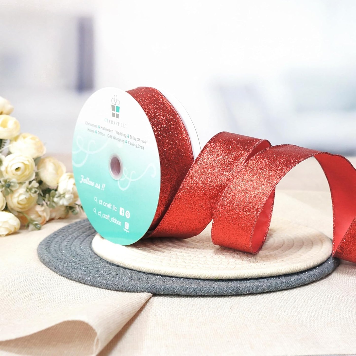 CT CRAFT LLC Glitter Wired Ribbon 1.5" x 20 Yards Red for Christmas Home Decor Bow Gift Wrapping DIY Crafts Wreath