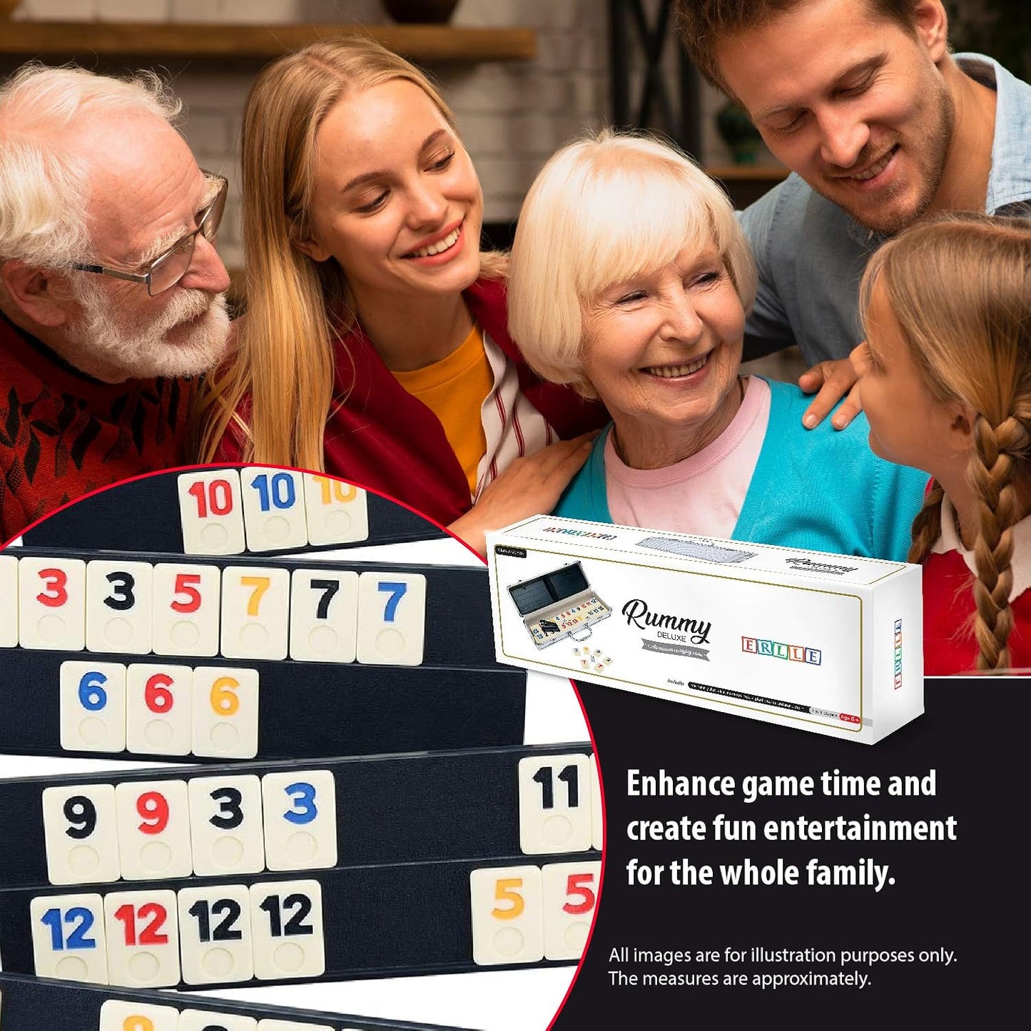 ERLLE - 106 Rummy Tiles Game Set with Aluminum Case. Deluxe Rummy Cube Game for Adults & Families, Includes 4 Anti-Skid Racks, Dice. Travel Board Game for 2-4 Players, Colorful Melamine Tiles.