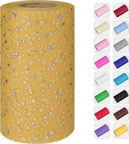 Glitter Tulle Rolls, 6” by 50 Yards (150FT) Sequin Tule Netting Fabric Tulle for Tutu Skirts Sewing Birthday Wedding Party Decoration (Gold)