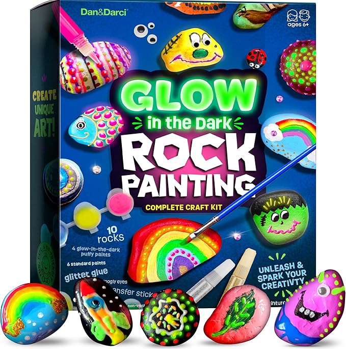 Dan&Darci Kids Rock Painting Kit - Glow in The Dark - Christmas Gifts Arts & Crafts for Boys and Girls Ages 6-12 - Craft Activities Kits - Creative Art Toys for 6, 7, 8, 9, 10, 11 & 12 Year Old Kid