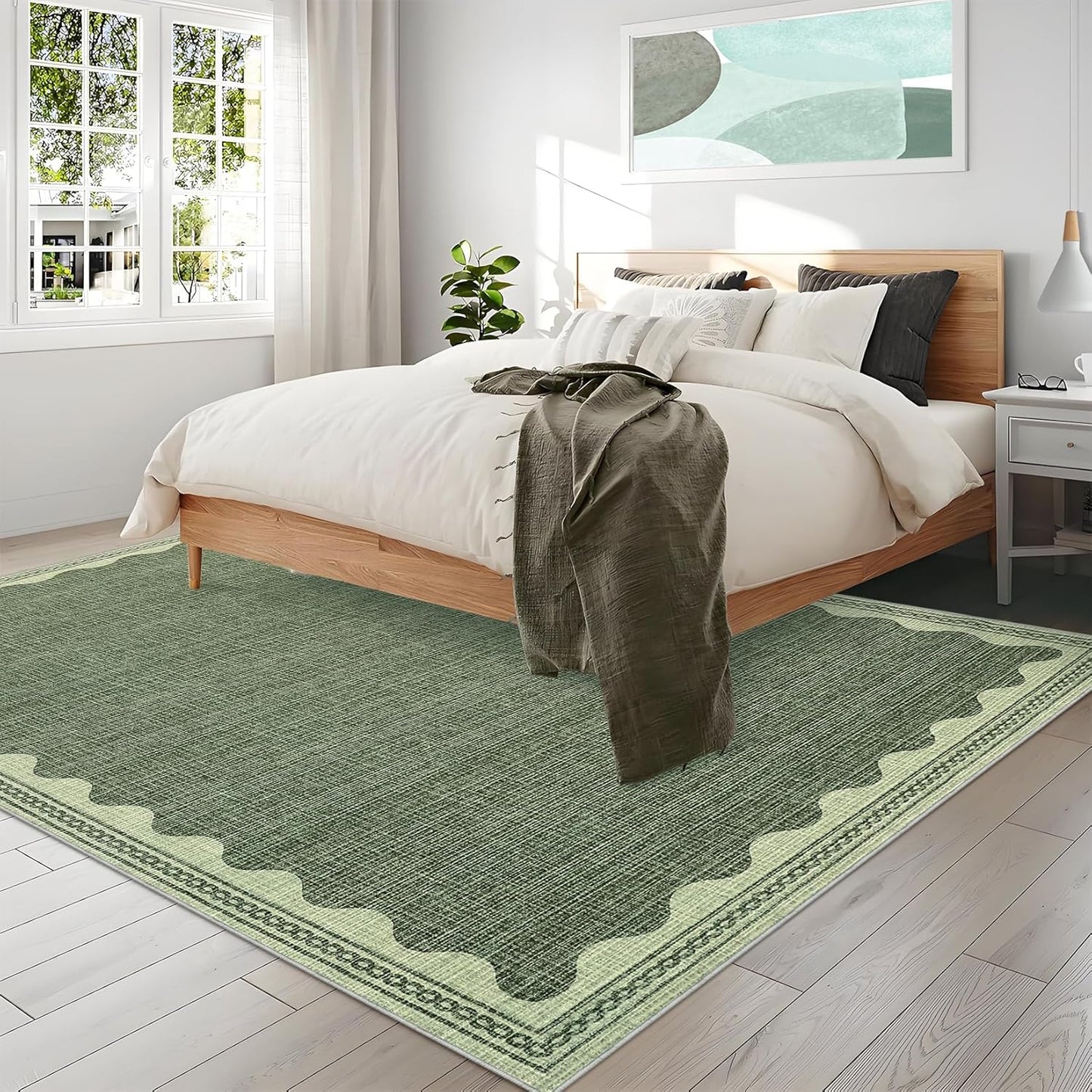 Scalloped Washable Rug 8x10 Area Rugs for Living Room, Solid Green Rug for Bedroom Girls, Non Slip Throw Carpet with Rubber Back, Soft Dorm Nursery 8x10 Rugs for Dining Room