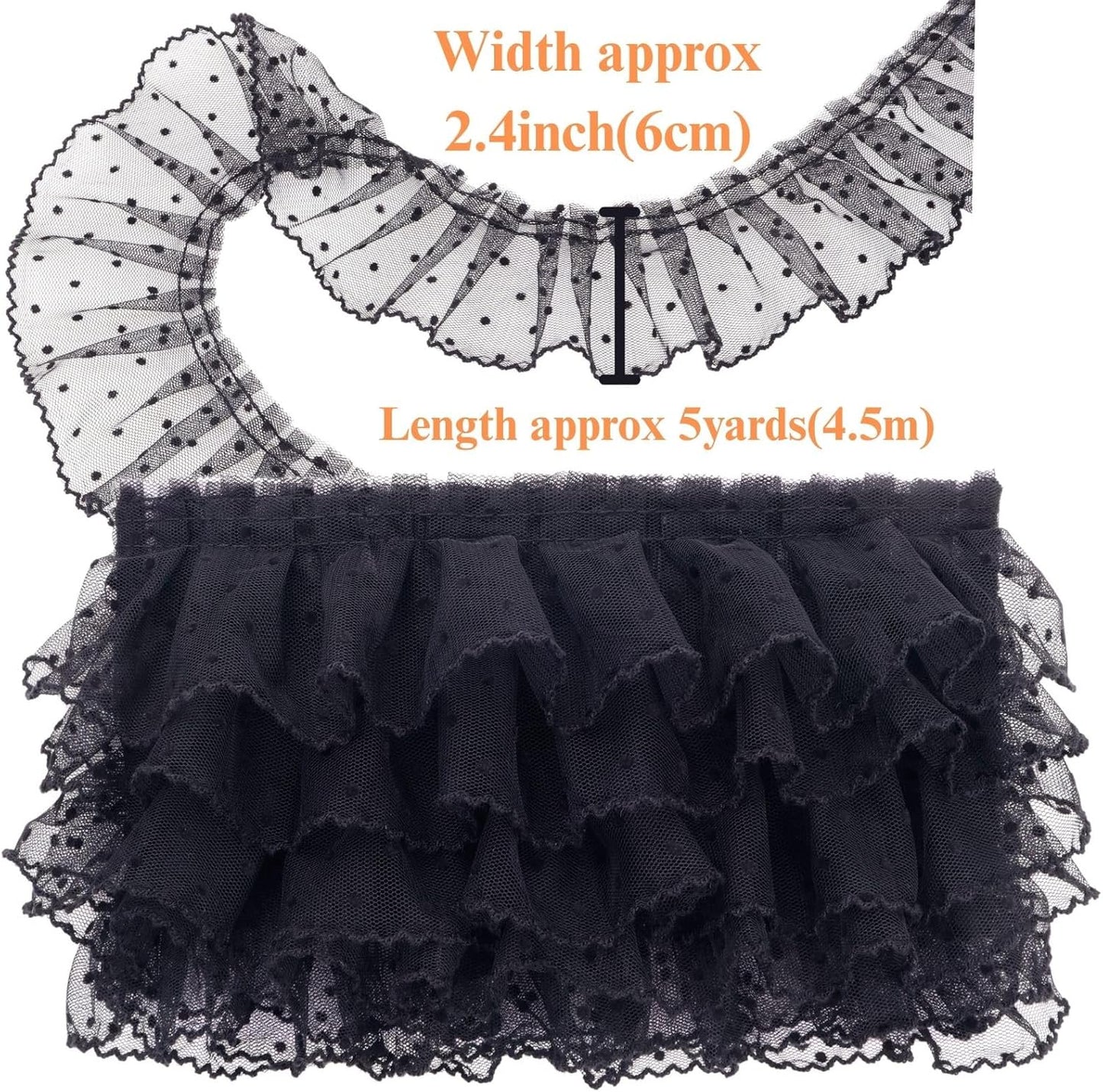 Dots Lace Ruffle Trim for Sew, Crafts 2.4" x5yd Single Layer Pleated Edge Lace Ribbon (Black)
