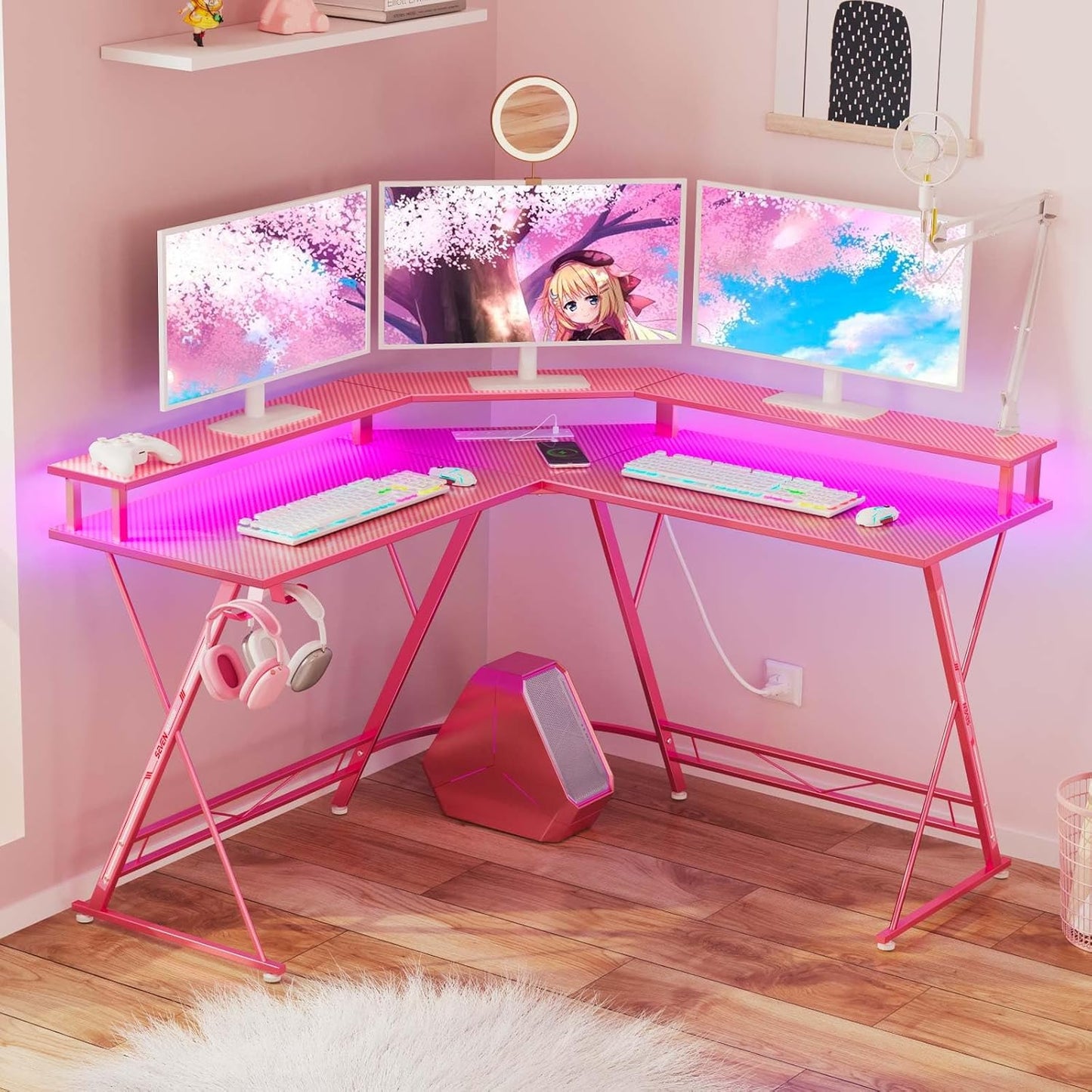 SEVEN WARRIOR Gaming Desk 50.4” with LED Light & Power Outlets, L-Shaped Gaming Desk Carbon Fiber Surface with Monitor Stand, Ergonomic Gamer Table with Headphone Hook, Pink