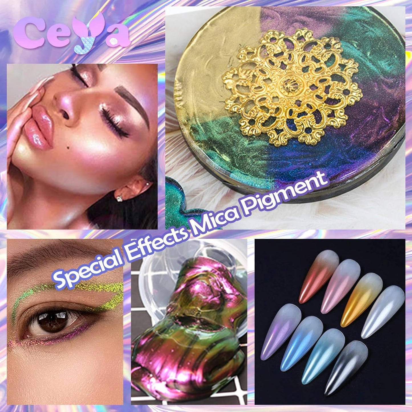 Ceya Highly Interference Mica Powder, 1.8oz/ 50g Stone Blue Chrome Nail Powder, Cosmetic Grade Pearlescent Effect Color Shift Pigment for Epoxy Resin, Makeup, Nail Art, Soap Dye, Candle, Slime, Paint