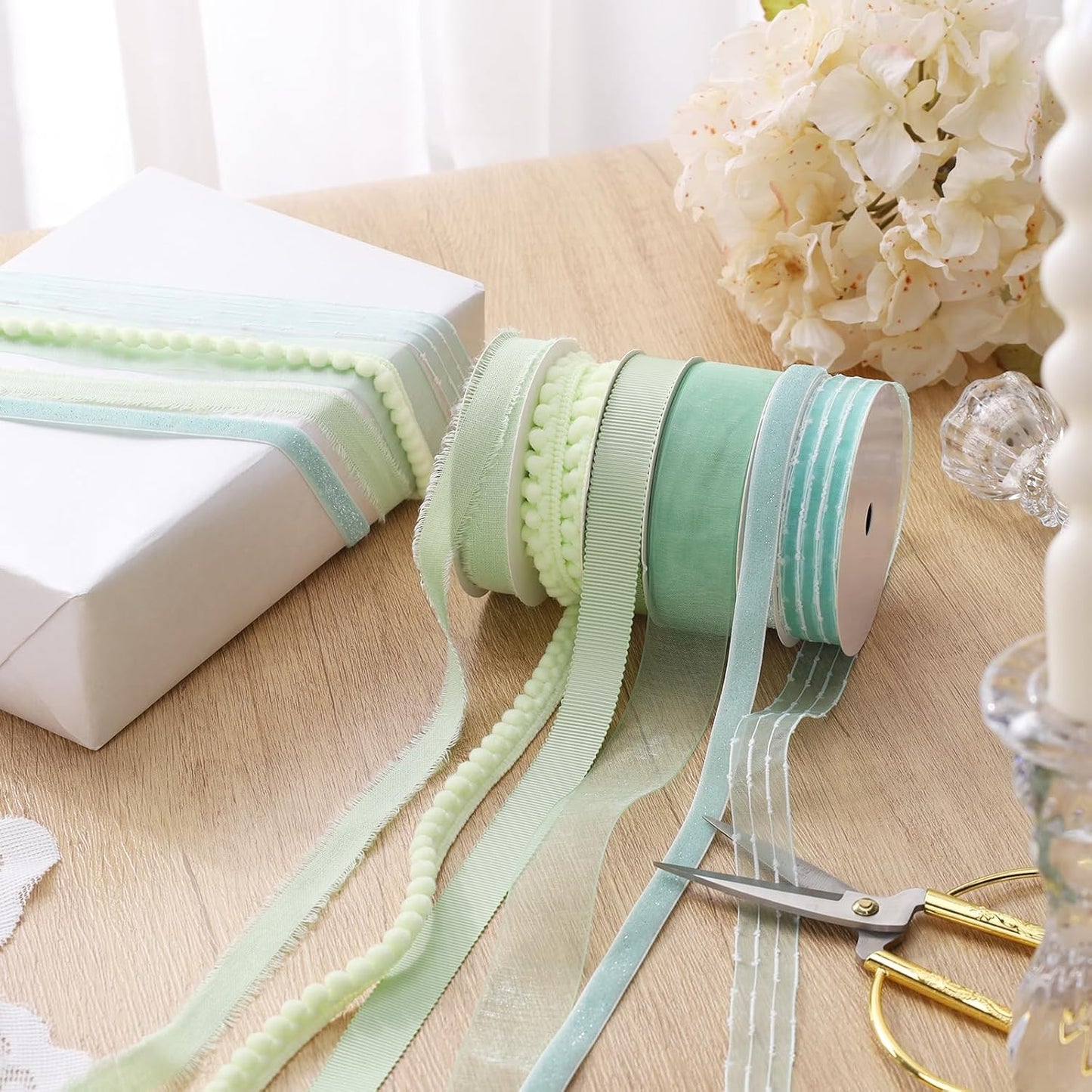 LaRibbons Green Ribbons for Crafts 6 Rolls Assorted Mint Green Ribbons for Gift Wrapping, DIY Crafts, Sewing, Hair Bows and Party Decorations 27.5 Yards