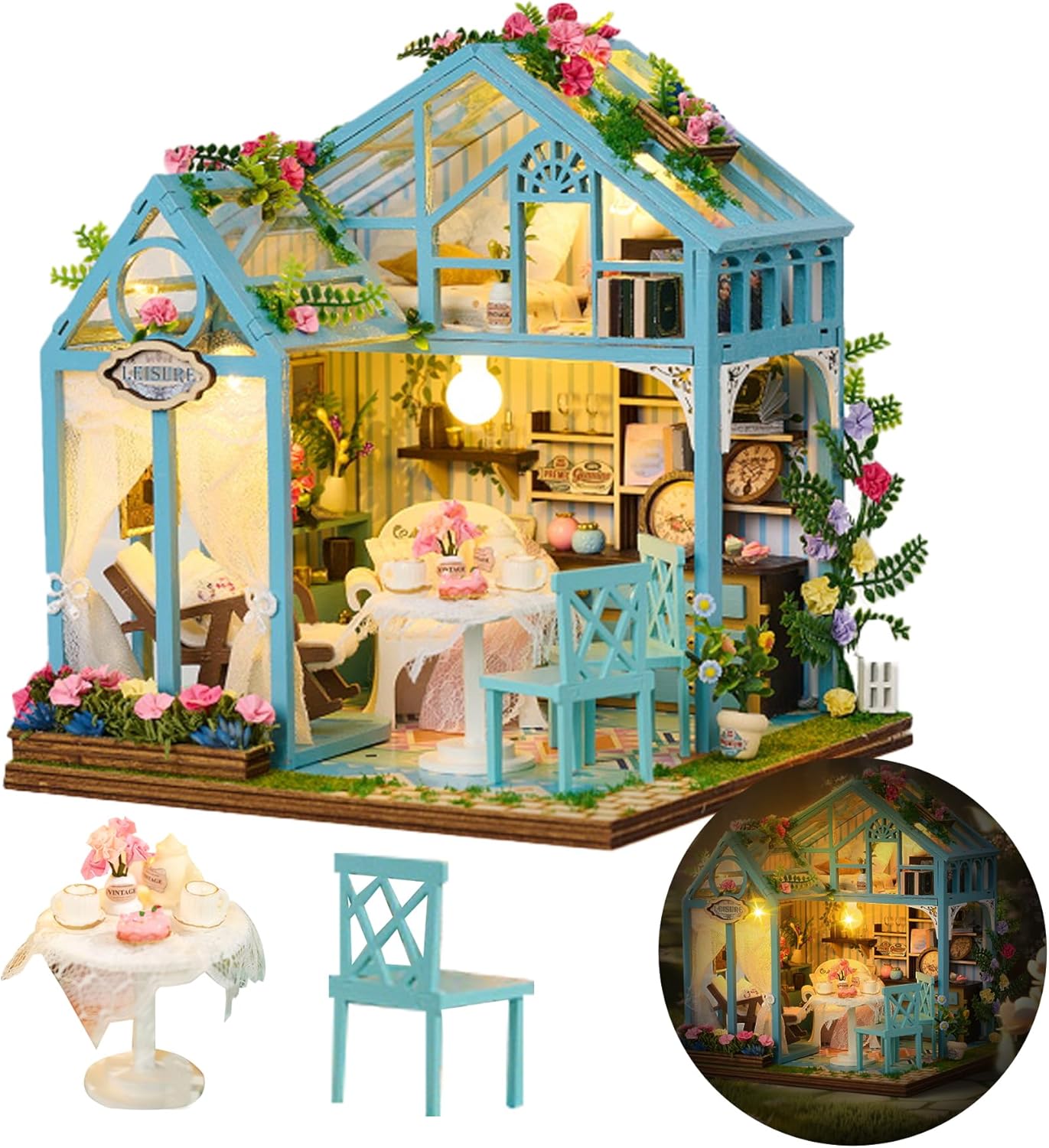 DIY Miniature House Kit, DIY Dollhouse Kit for Adults to Build, Mini House Kit with LED, Mayberry Street Miniatures, Ideal Gifts for Birthday, Halloween Christmas(Flower Garden Tea House)