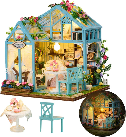 DIY Miniature House Kit, DIY Dollhouse Kit for Adults to Build, Mini House Kit with LED, Mayberry Street Miniatures, Ideal Gifts for Birthday, Halloween Christmas(Flower Garden Tea House)