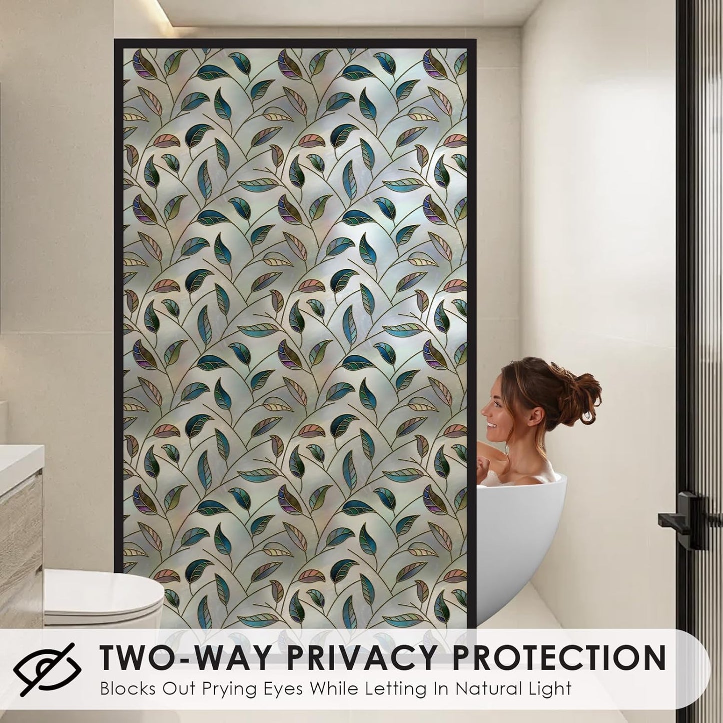 DKTIE Static Cling Decorative Window Film Vinyl Non Adhesive Privacy Film with Installation Kit, Multilayer UV Inkjet Technology, 3D Thickened Stained Film, Vintage Leaf Pattern, 17.7 x 78.7 Inches