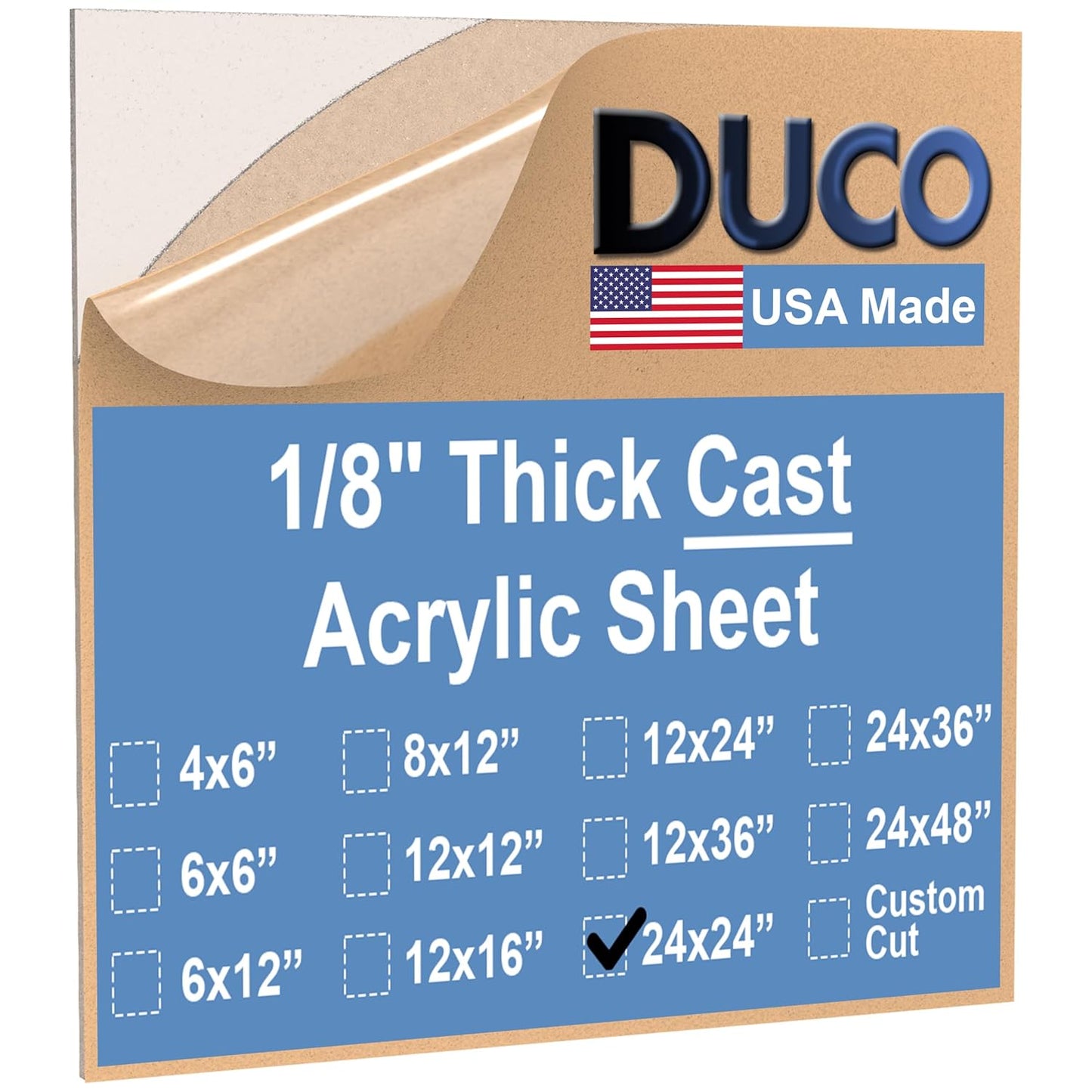 Duco USA-Made Clear Cast Acrylic Sheet 1/8 Inch Thick 24" x 24" - 1 Pack of Transparent Plexiglass Sheet - Lightweight Acrylic Board for Window Replacements, Displays, Signs, and More