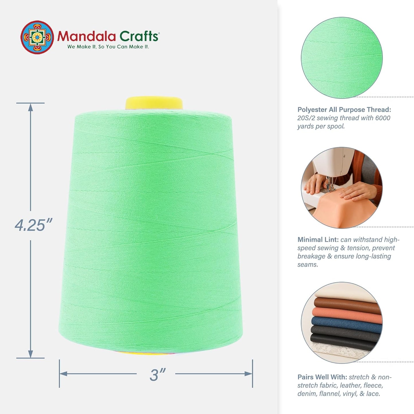 Mandala Crafts 4 Pack of Serger Threads Cones Spools - 20S/2 24000 Yards Polyester Seafoam Green Threads for Sergers Machine and Overlock Quilting Sewing Machine