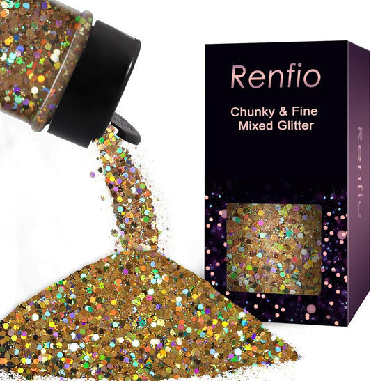 Renfio Holographic Glitter, 2.11oz/60g Mix Ultra Fine Glitter for Crafts Resin Glitters PET Flakes for Nail Art Tumblers Slime - Diamond Laser Gold