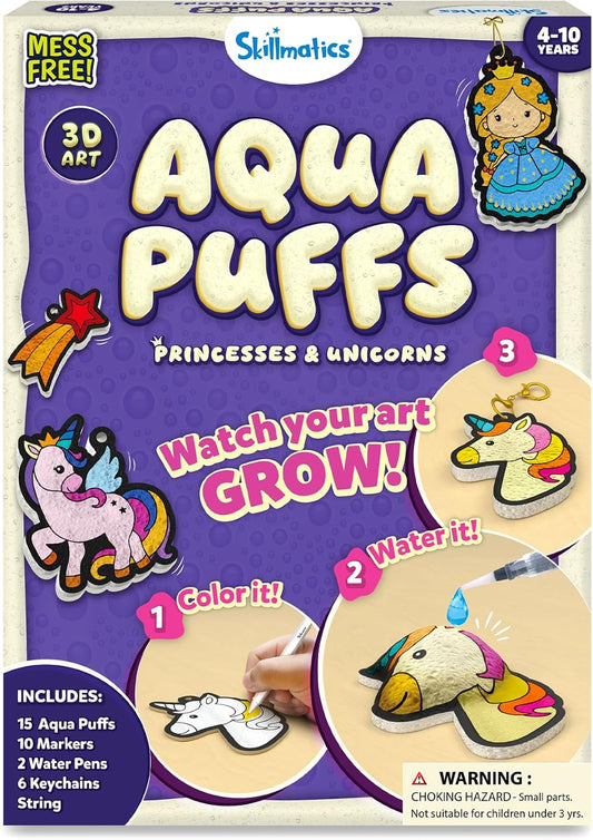 Skillmatics 3D Art Kit - Aqua Puffs Princesses & Unicorns, Mess-Free Paint by Number Craft for Kids, DIY Color & Inflate Activity, Travel & Creative Gift for Girls & Boys Ages 4, 5, 6, 7, 8, 9, 10