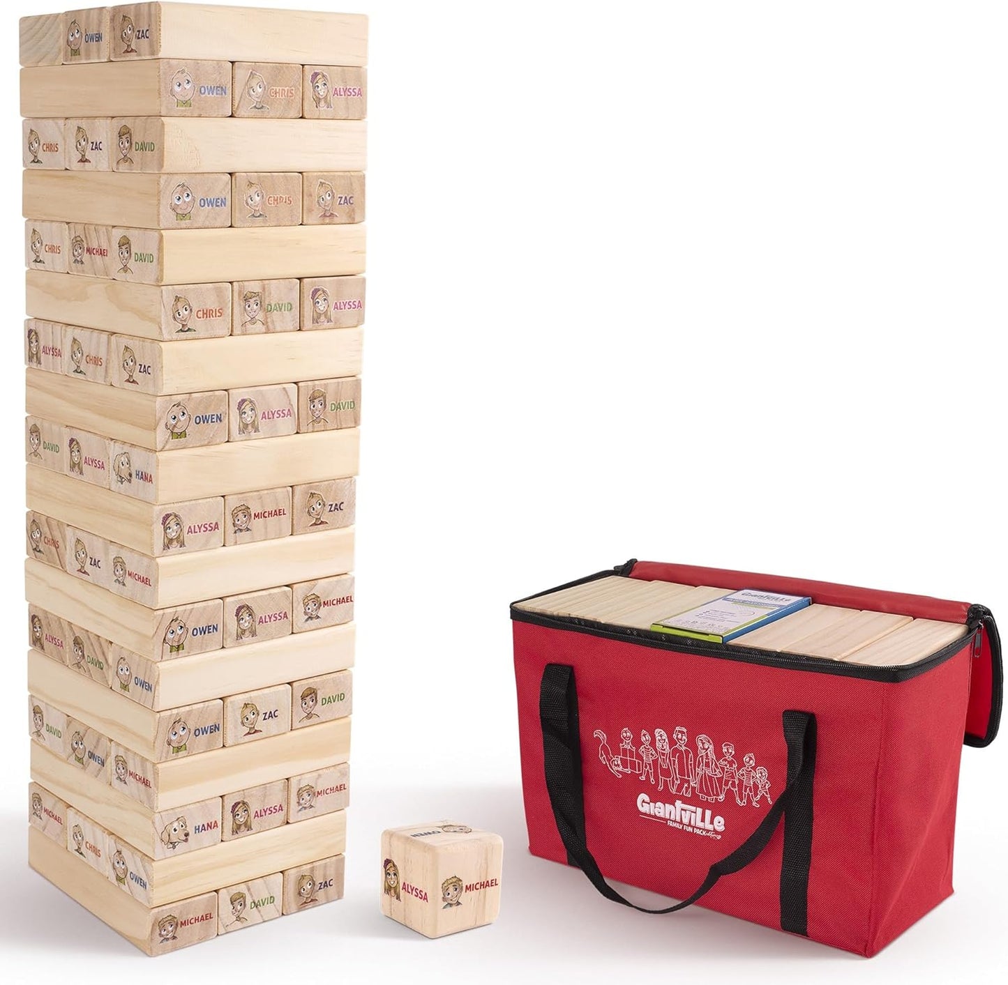 Giantville Giant Tumbling Timber Toy - Premium Pine Wood Life-Size Blocks Tower - Big Floor/Board Indoor/Outdoor Yard Game for Kids & Adults - 54-Blocks + Red Storage/Carry Bag - Grows Almost 4-Feet