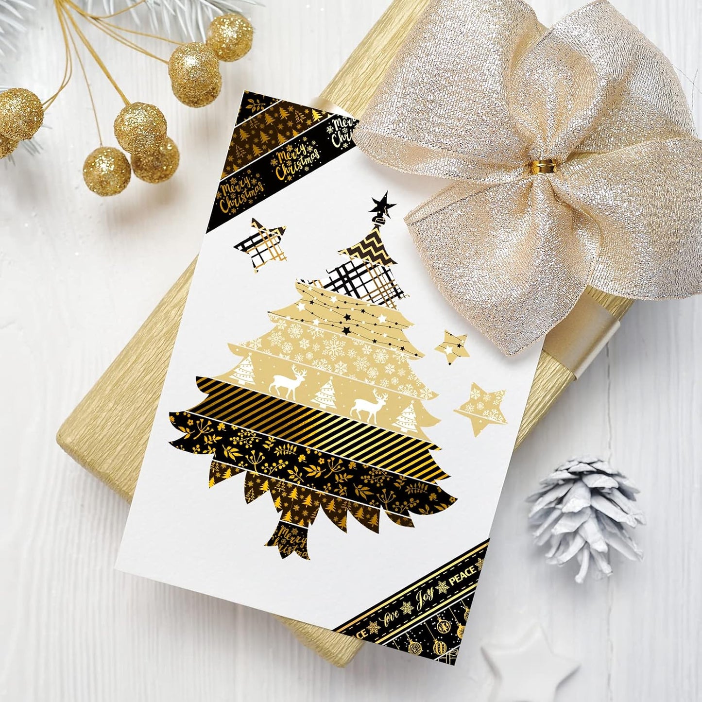 Whaline 12 Rolls Christmas Washi Tape Black Gold Xmas Washi Masking Tape Foil Gold Snowflake Xmas Tree Xmas Tree Ball Plaid Pattern Decorative Tape for Scrapbook Journal DIY Craft Gift Wrapping