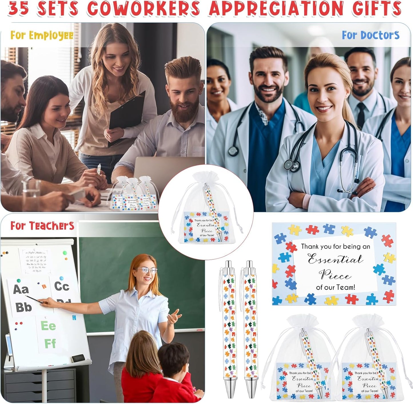 35 Sets Team Gifts 35 Puzzle Pens Bulk Retractable Ballpoint Pen 35 Thank You Cards and Organza Bags Appreciation Gifts for Coworker Employee Team Staff Teacher Nurse Student