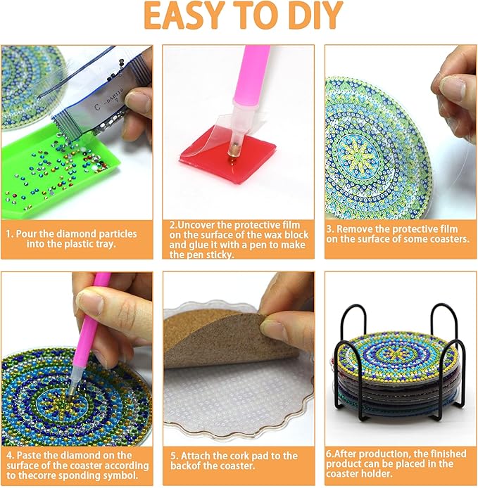 Diamond Art Coasters Kit with Holder, 8 Pcs Diamond Art Coasters for Adults Kids Beginners Crafts Gifts (Sun-Moon)