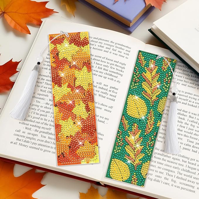 8 Pieces Fall Diamond Art Bookmarks 5d Maple Leaves Bookmark Acrylic Tassel Bookmark for DIY Making Beginners Kids Adults Arts Craft Supplies (Fall)