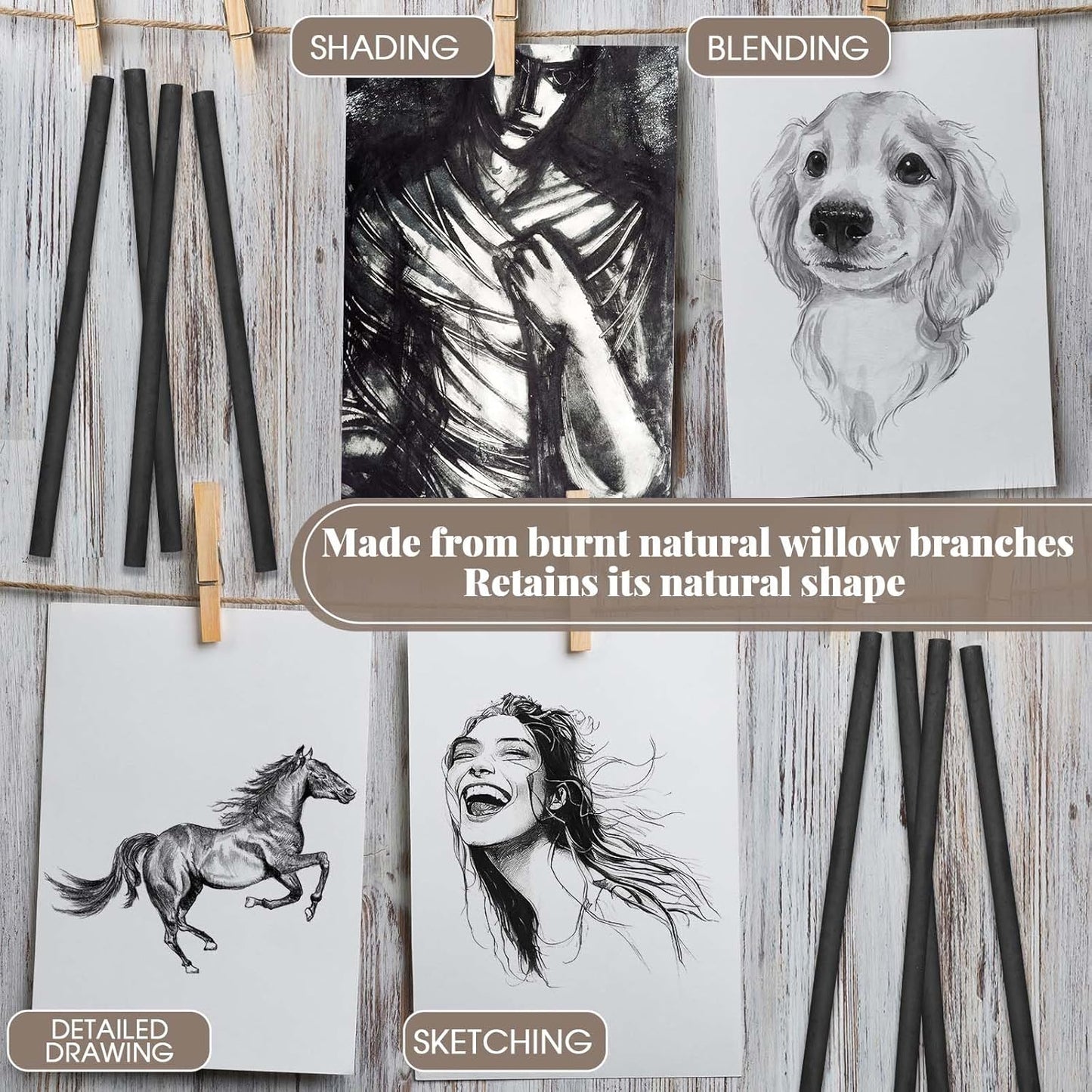 Gueevin 50 Pcs Willow Charcoal Sticks, Willow Charcoal, Artists, Beginners, Students, Perfect for Sketching, Drawing, Shading, and Fine Art Christmas Gifts for Art (5-7mm)